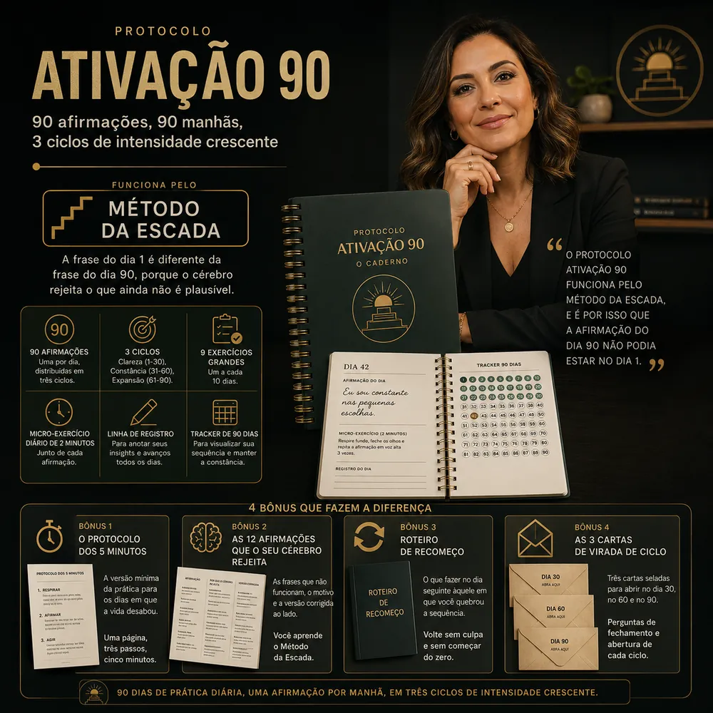 O caderno Protocolo Ativação 90 fechado e aberto na página do dia 42, ao lado do resumo do método: 90 afirmações, 3 ciclos, 9 exercícios grandes, micro-exercício diário, linha de registro e tracker de 90 dias