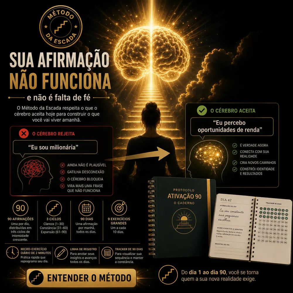 Escada de luz subindo até um cérebro iluminado, com a comparação entre a afirmação que o cérebro rejeita e a que ele aceita