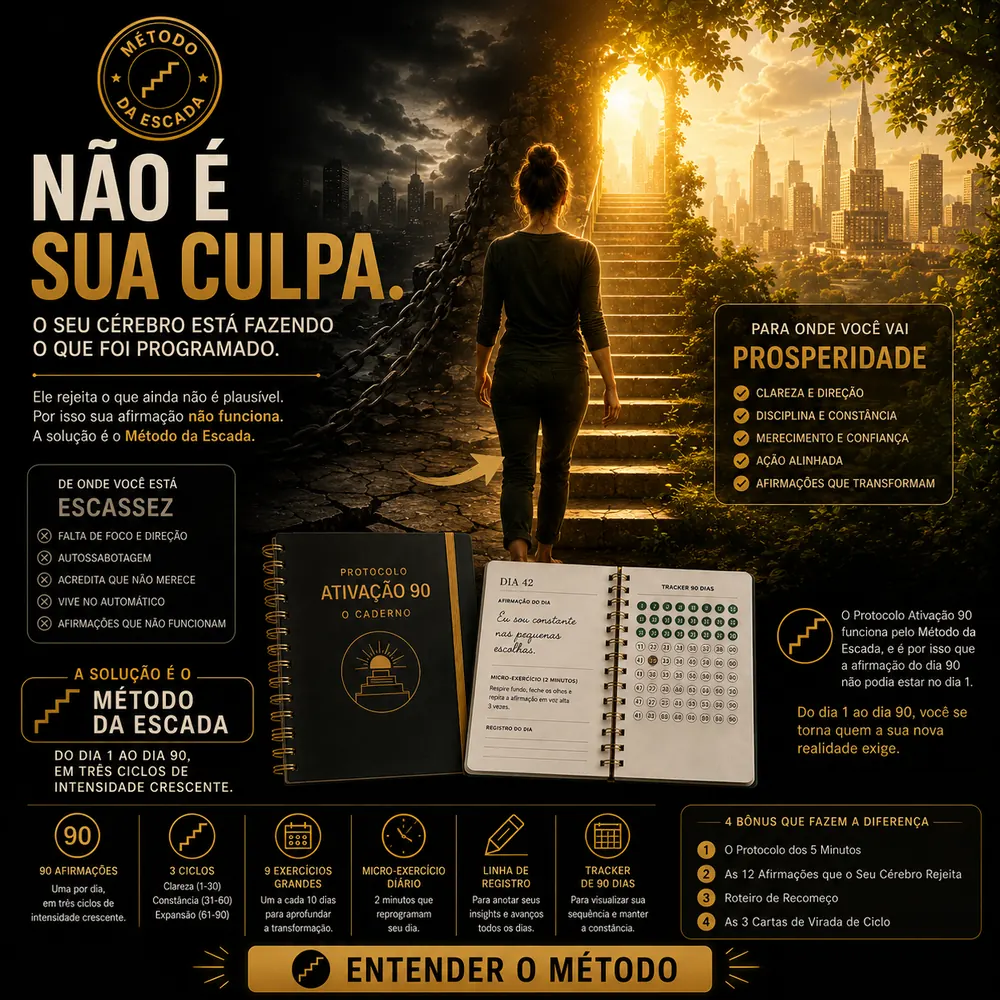 Uma mulher sobe uma escada de pedra que sai de uma cidade cinzenta e chega a uma cidade iluminada, com as listas de escassez de um lado e prosperidade do outro