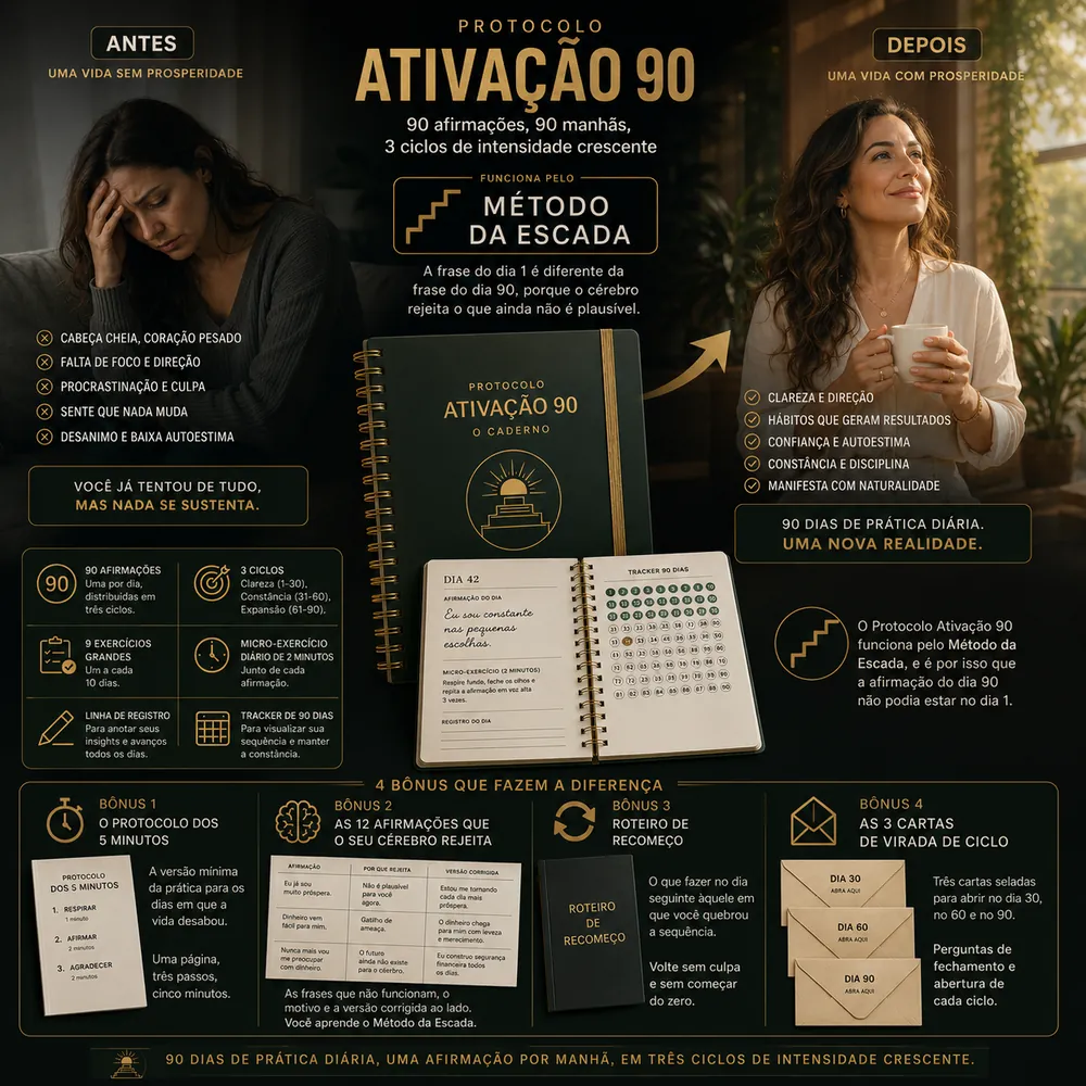 Resumo do Protocolo Ativação 90: o antes e o depois da prática, o caderno aberto, a lista do que vem dentro e os quatro bônus